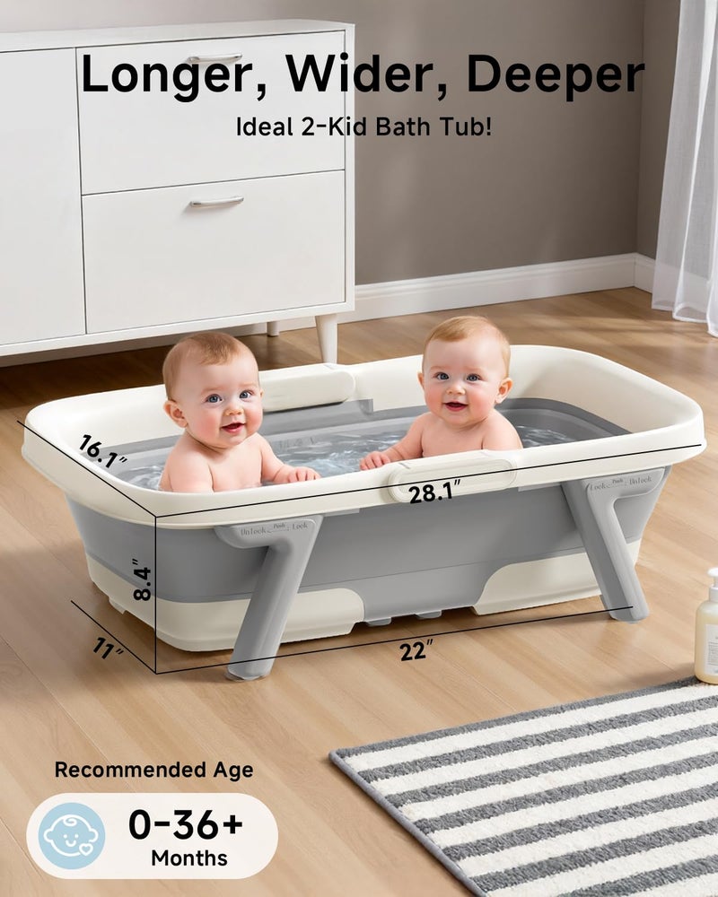 EverKiddo Collapsible Baby Bathtub, Large Infant Bath Tub with Thermometer & Cute Soft Cushion for Newborn to 36-Month Toddlers, Storage and Non-Slip Feet Design, Baby Bath Gift (Grey) - Image 3